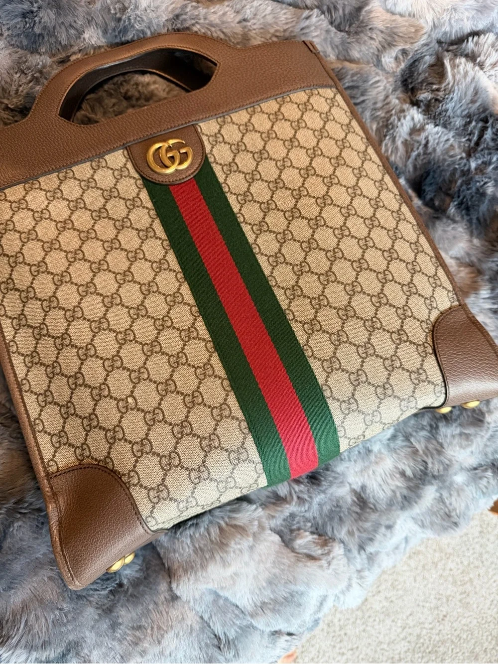 Gucci Brown Monogram tote Bag with Green & Red Web